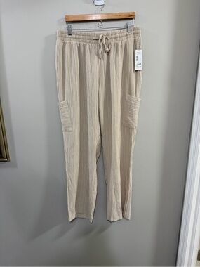 NWT Sabrina Lauren Relaxed Wide Leg Textured Drawstring Pants - Cream. Size 2X